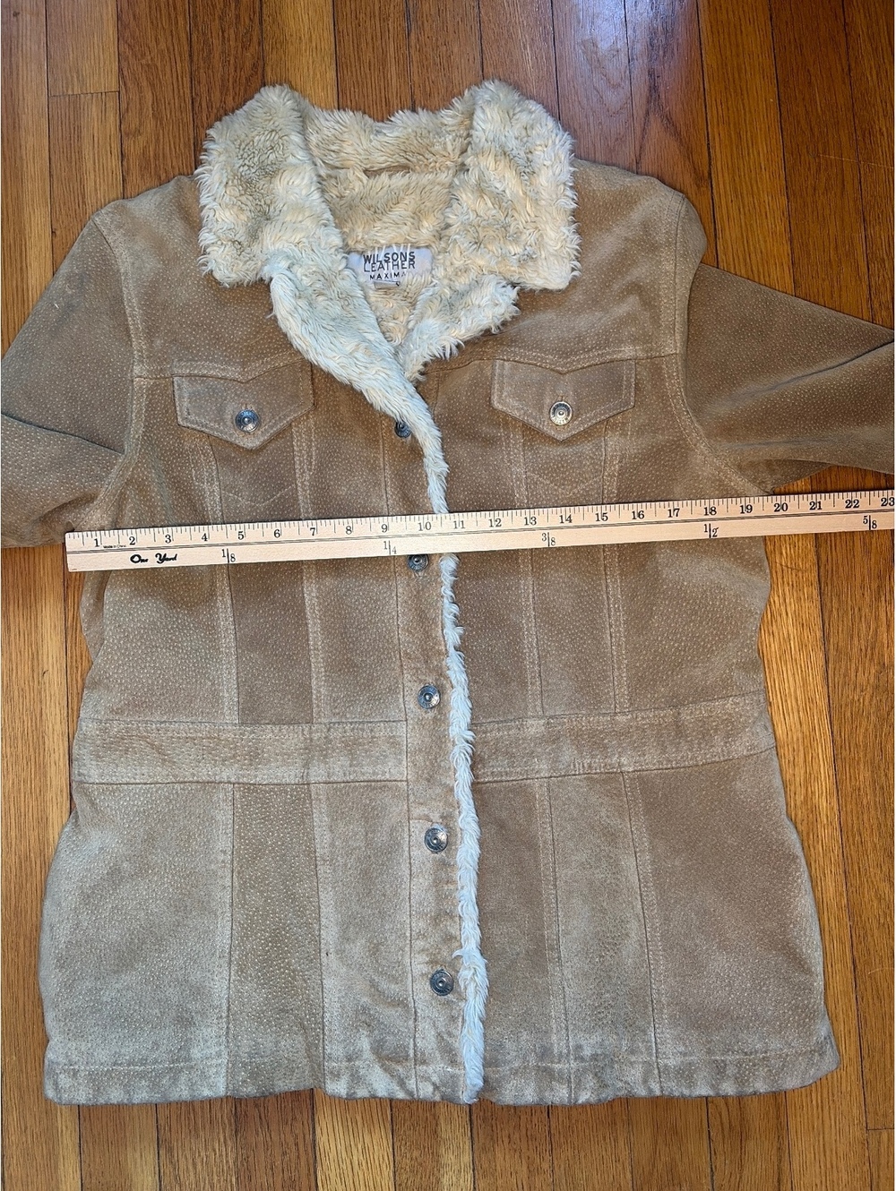 Vintage Wilsons XL Tan Distressed Suede Sherpa Trim Coat 70s Western Americana - Picture 4 of 11